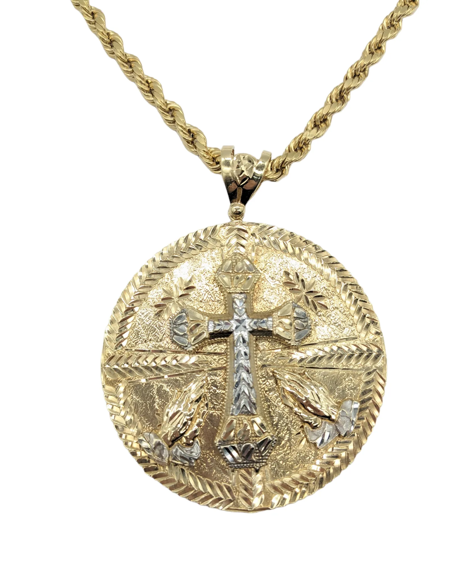 10 Karat Gold Cross and Praying Hands Pendant