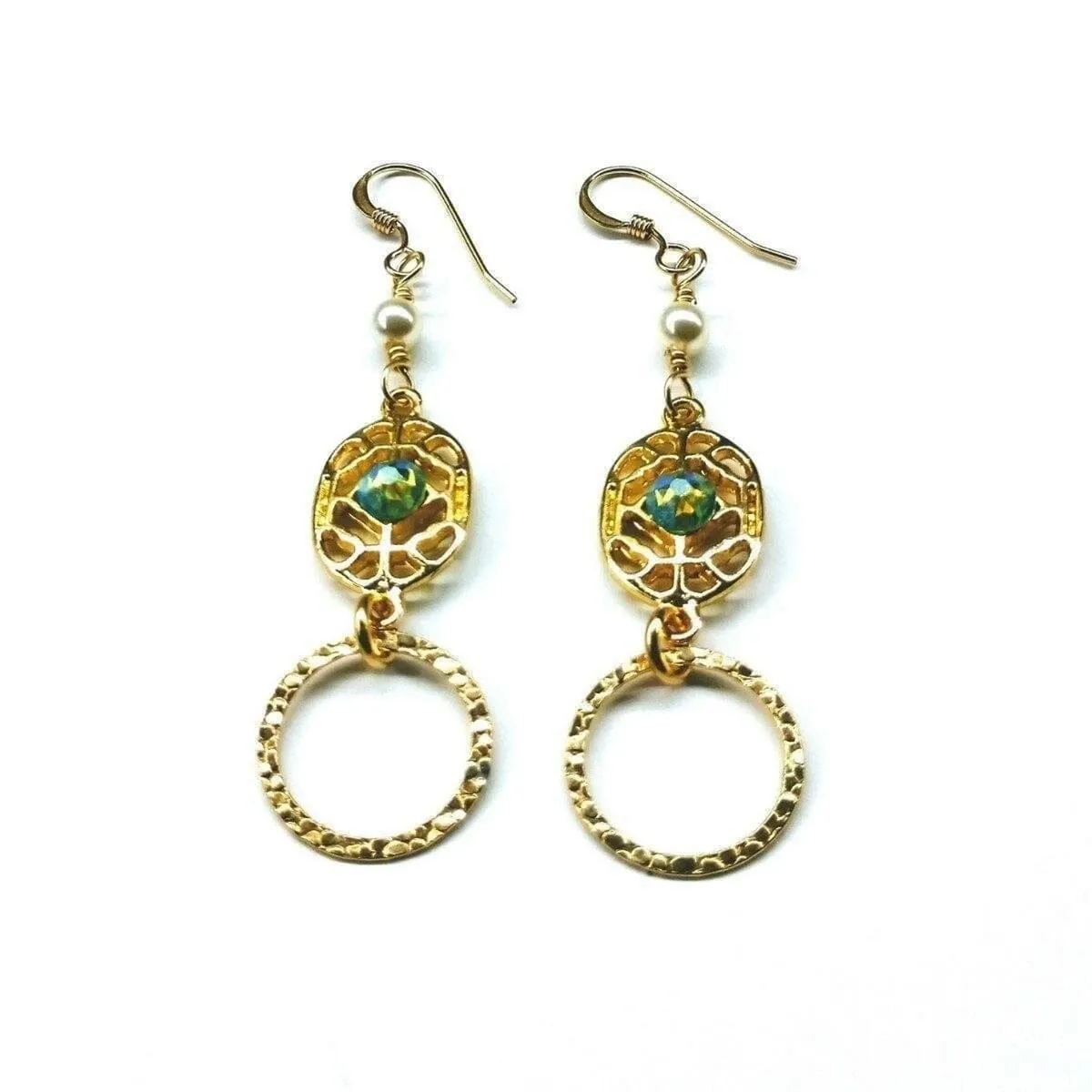 14 KT Gold Filled Green Crystal Hammered Circle Filigree Earrings