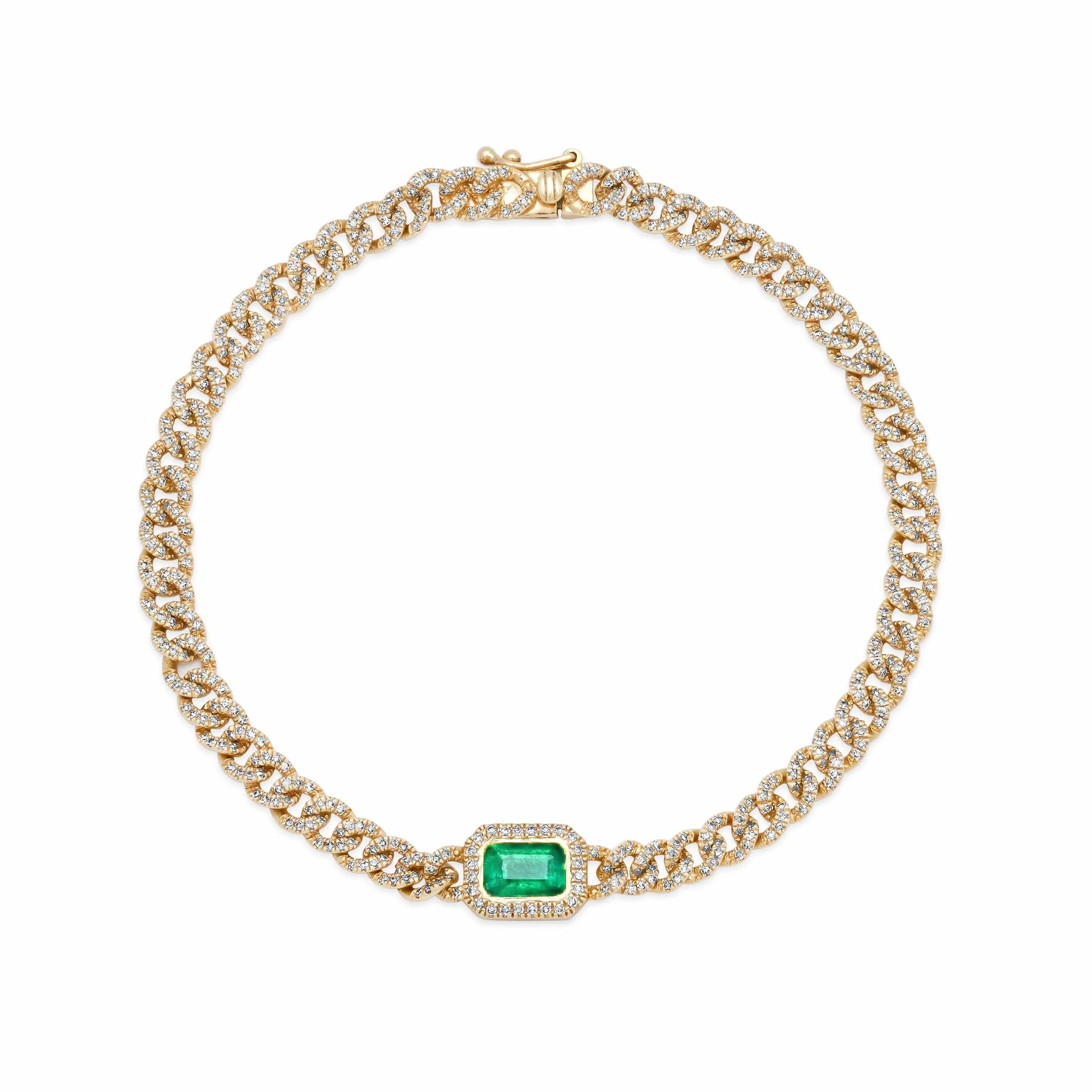 14K Gold Emerald and Pave-Diamond Cuban Link Chain Bracelet