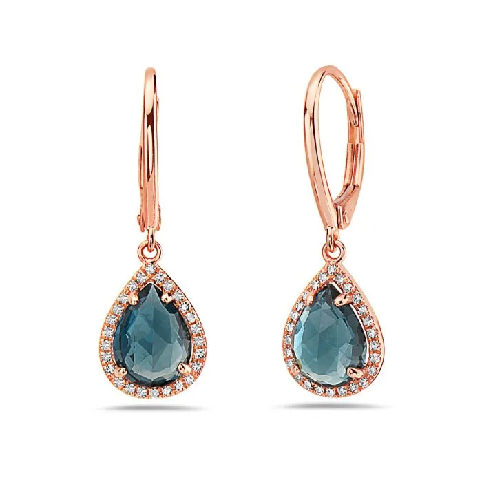 14K Rose Gold Pear Shape Blue Topaz And Diamond Earring