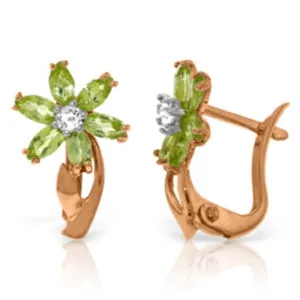 14K Solid Rose Gold Diamond & Peridot Fine Earrings