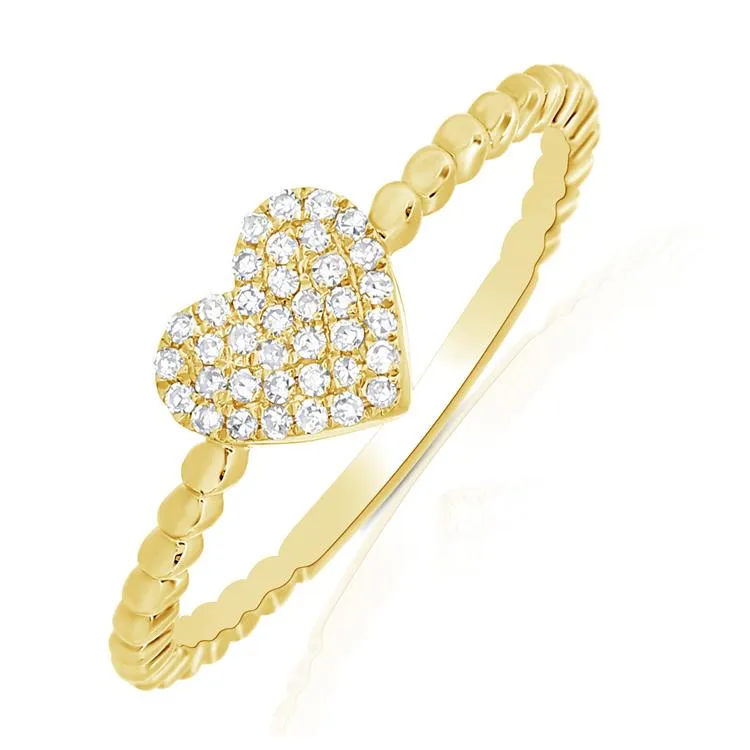 14K White Gold Diamond Pave Heart Beaded Ring