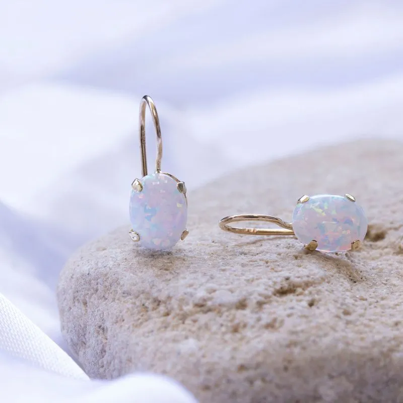 14K Yellow Gold Oval White Opal 6X8mm Dangle Earrings