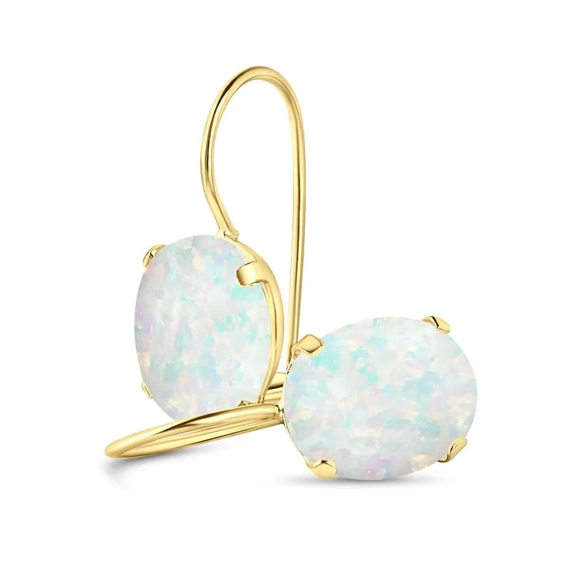 14K Yellow Gold Oval White Opal 6X8mm Dangle Earrings