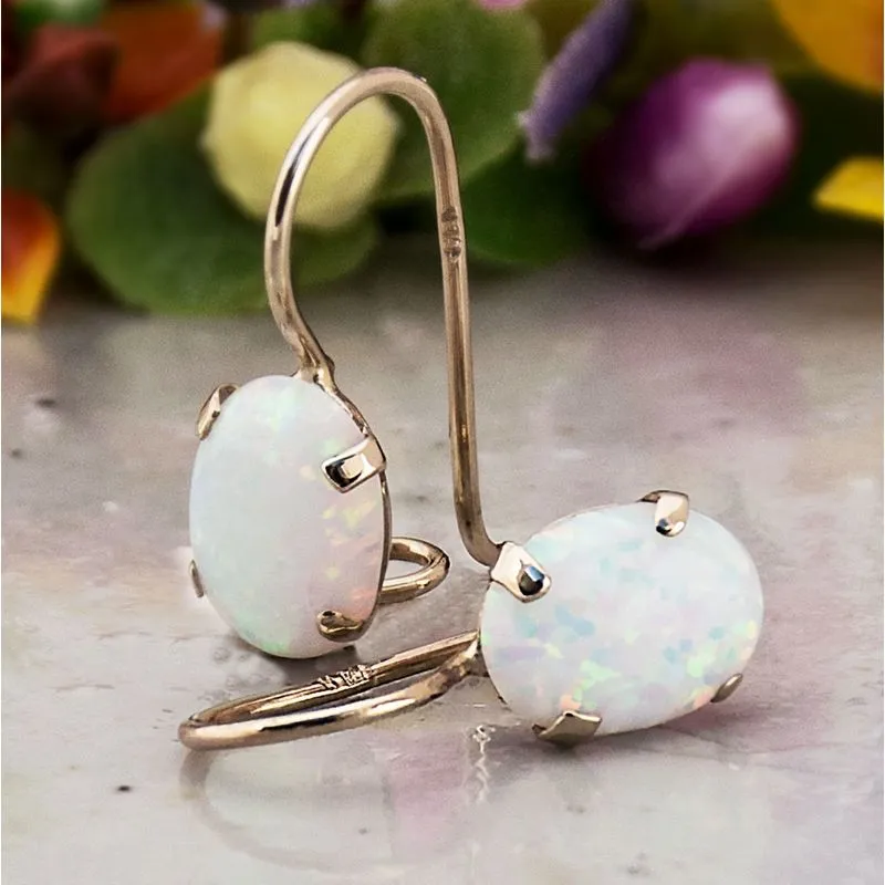 14K Yellow Gold Oval White Opal 6X8mm Dangle Earrings