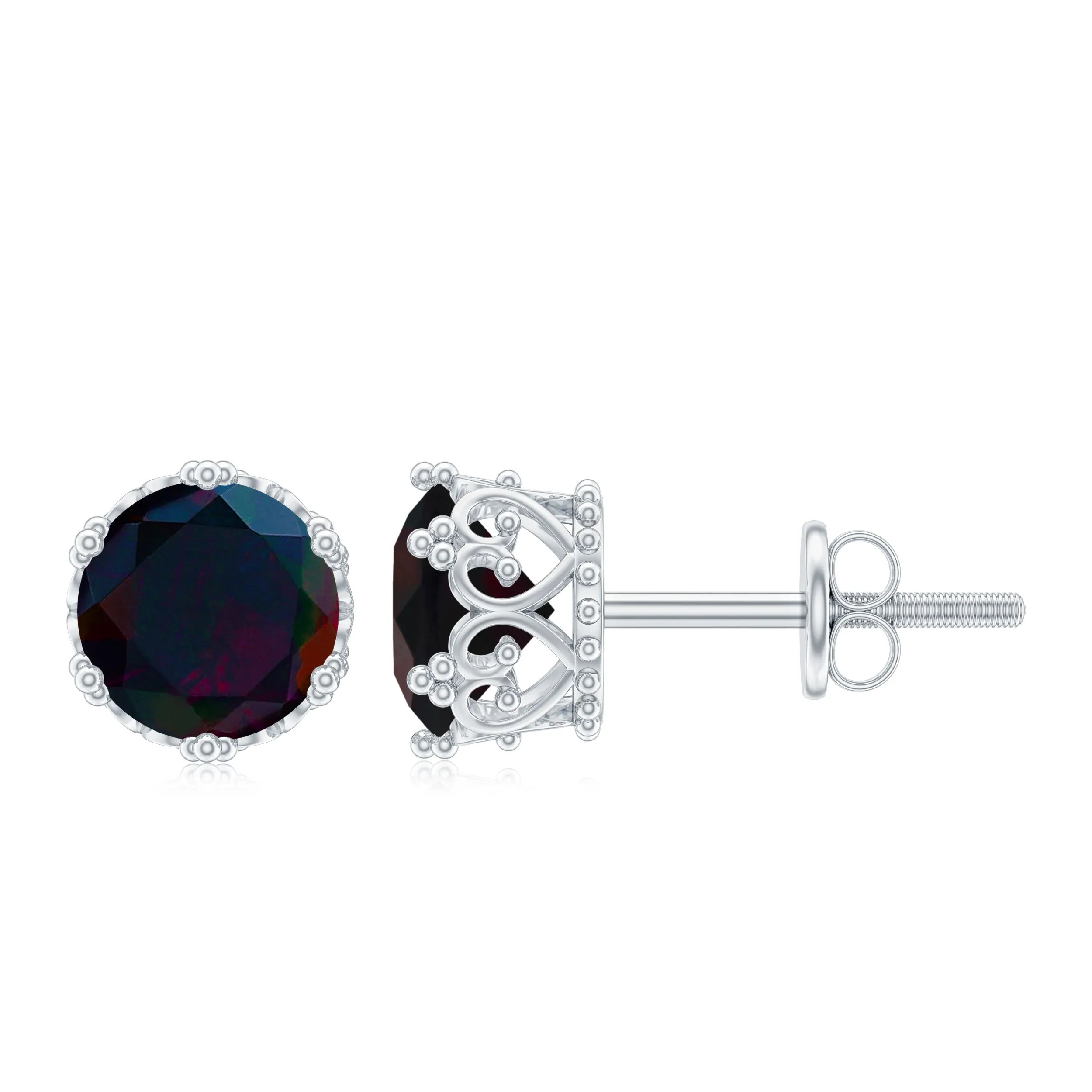 1.50 CT Solitaire Black Opal Crown Stud Earrings with Screw Back