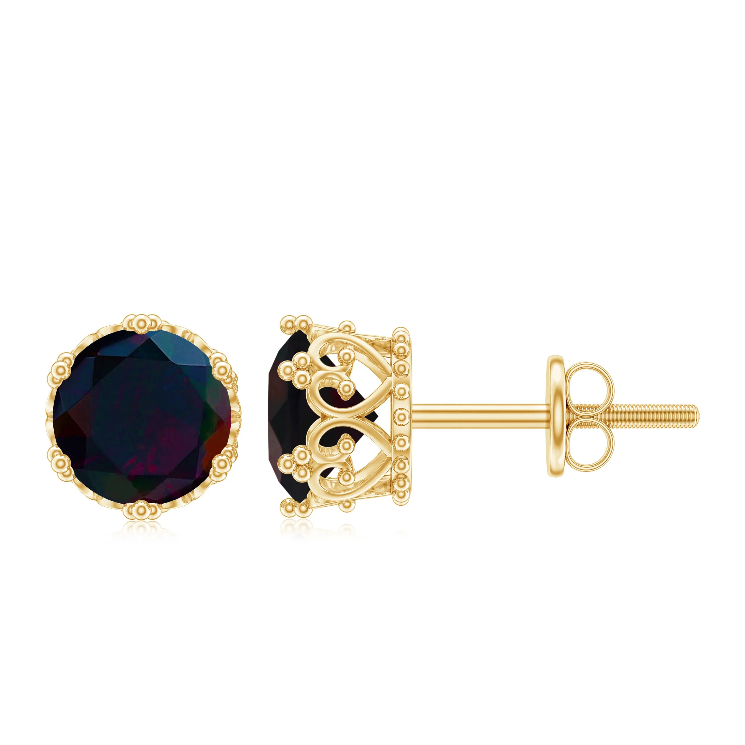 1.50 CT Solitaire Black Opal Crown Stud Earrings with Screw Back