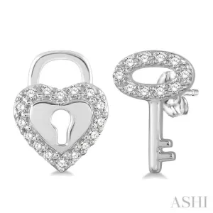 1/6 Ctw Heart Lock & Key Charm Round Cut Diamond Earrings in 10K White Gold