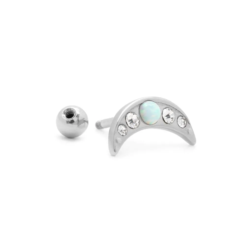 16g 1/4” White Opal Jeweled Crescent PVD Rhodium Straight Barbell — Price Per 1