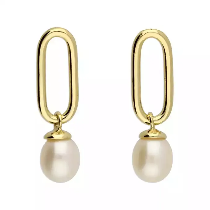 18ct Gold Plated Pearl Oval Outline Drop Earrings