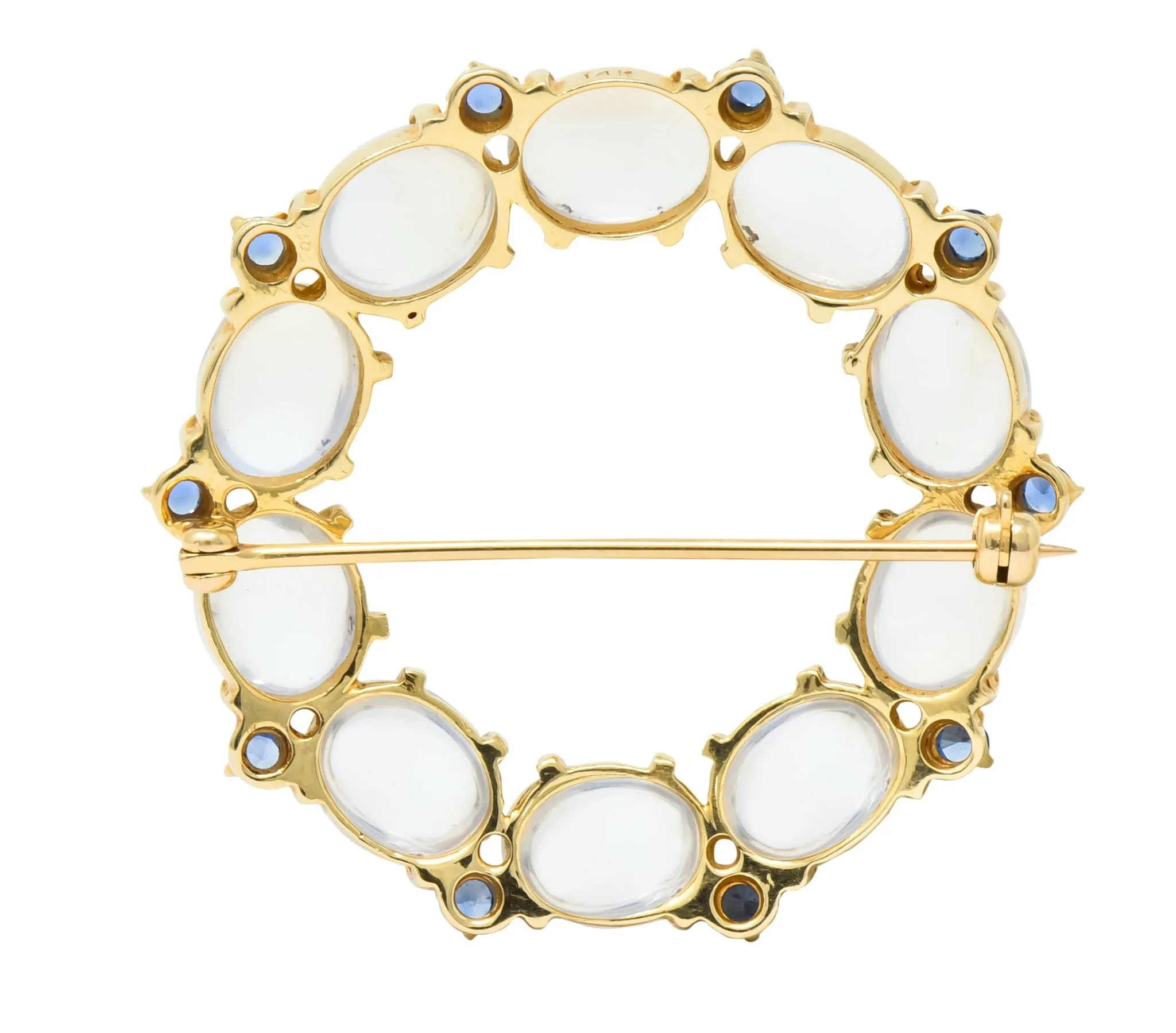 1940's Retro Sapphire Moonstone 14 Karat Gold Circle Pin Brooch