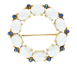 1940's Retro Sapphire Moonstone 14 Karat Gold Circle Pin Brooch