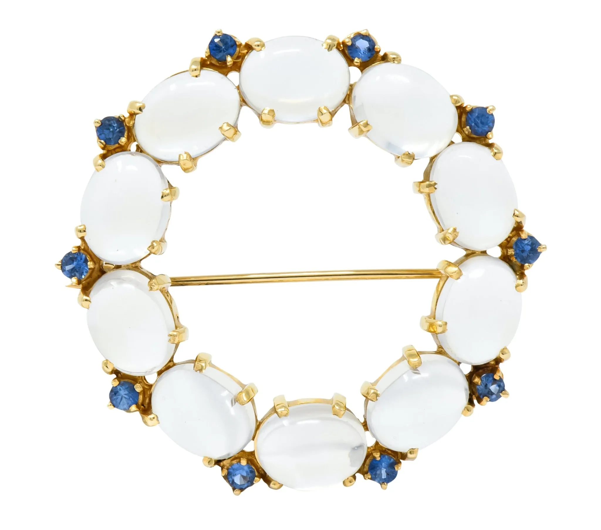 1940's Retro Sapphire Moonstone 14 Karat Gold Circle Pin Brooch