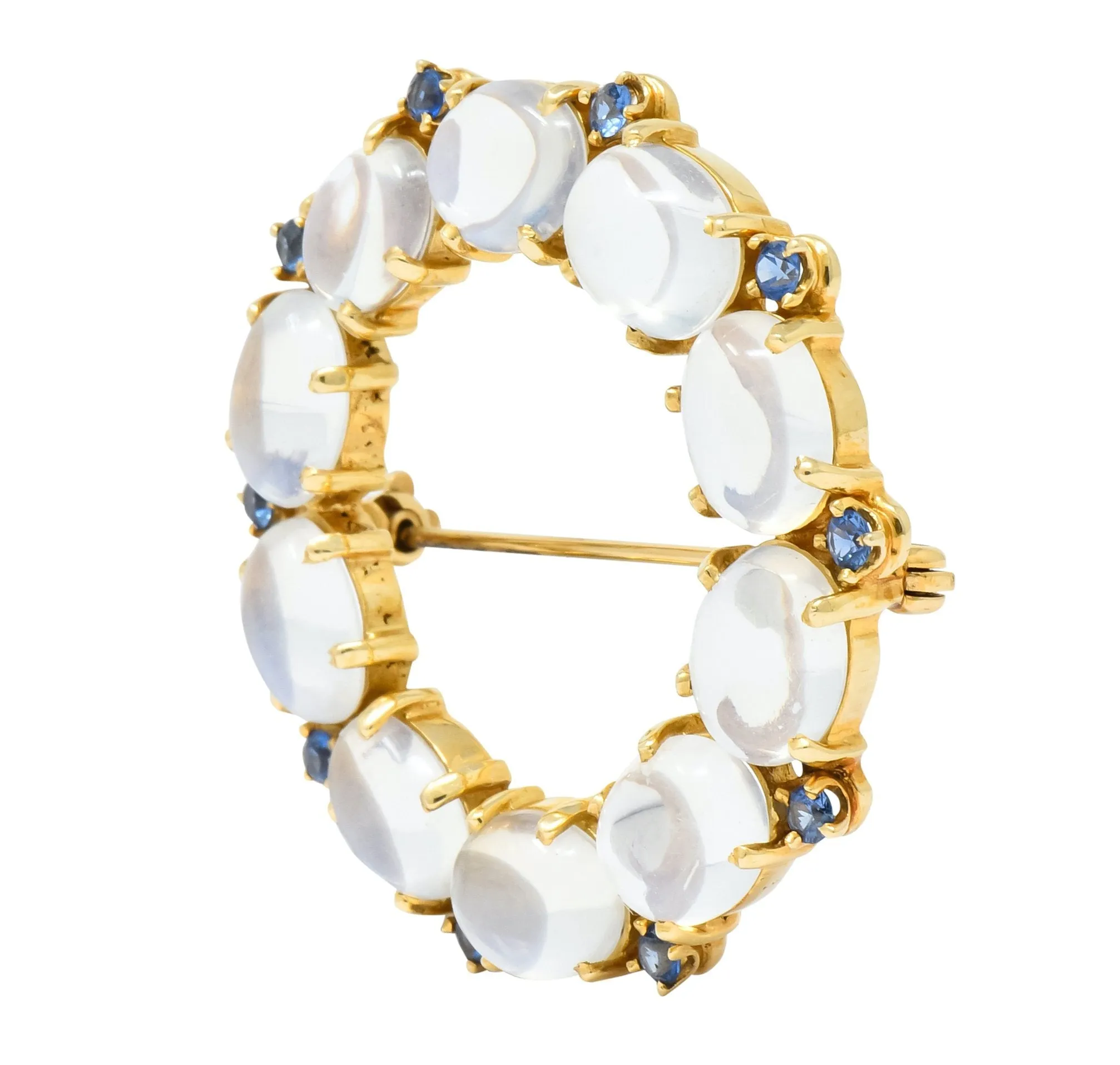 1940's Retro Sapphire Moonstone 14 Karat Gold Circle Pin Brooch