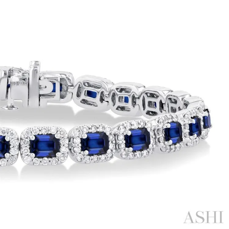 2 1/5 ctw 4X3 MM Sapphire and Round Cut Diamond Halo Precious Tennis Bracelet in 14K White Gold