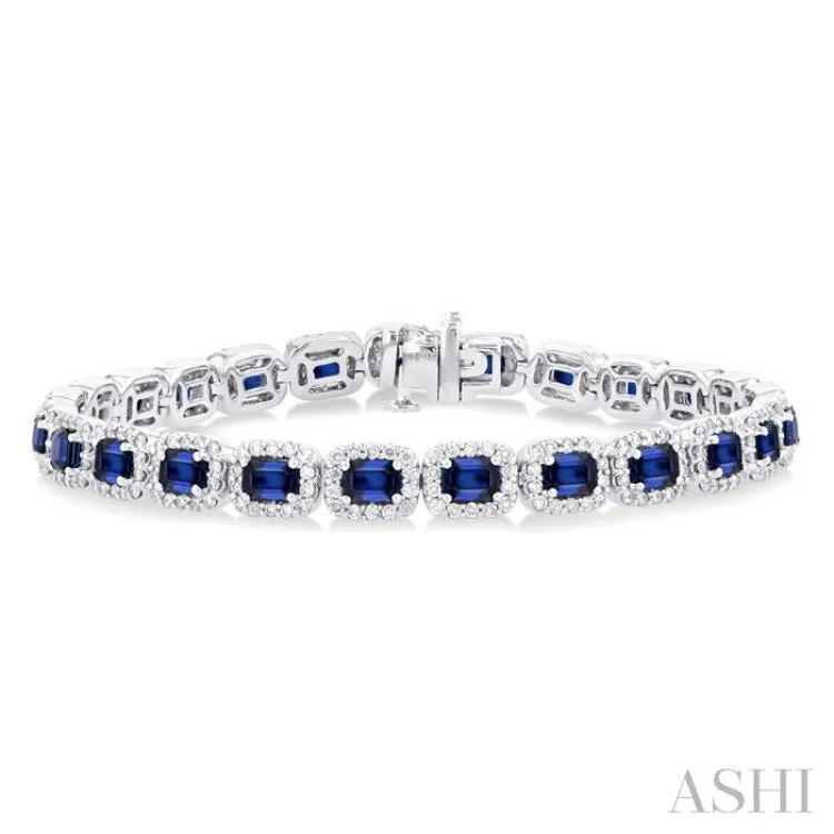 2 1/5 ctw 4X3 MM Sapphire and Round Cut Diamond Halo Precious Tennis Bracelet in 14K White Gold