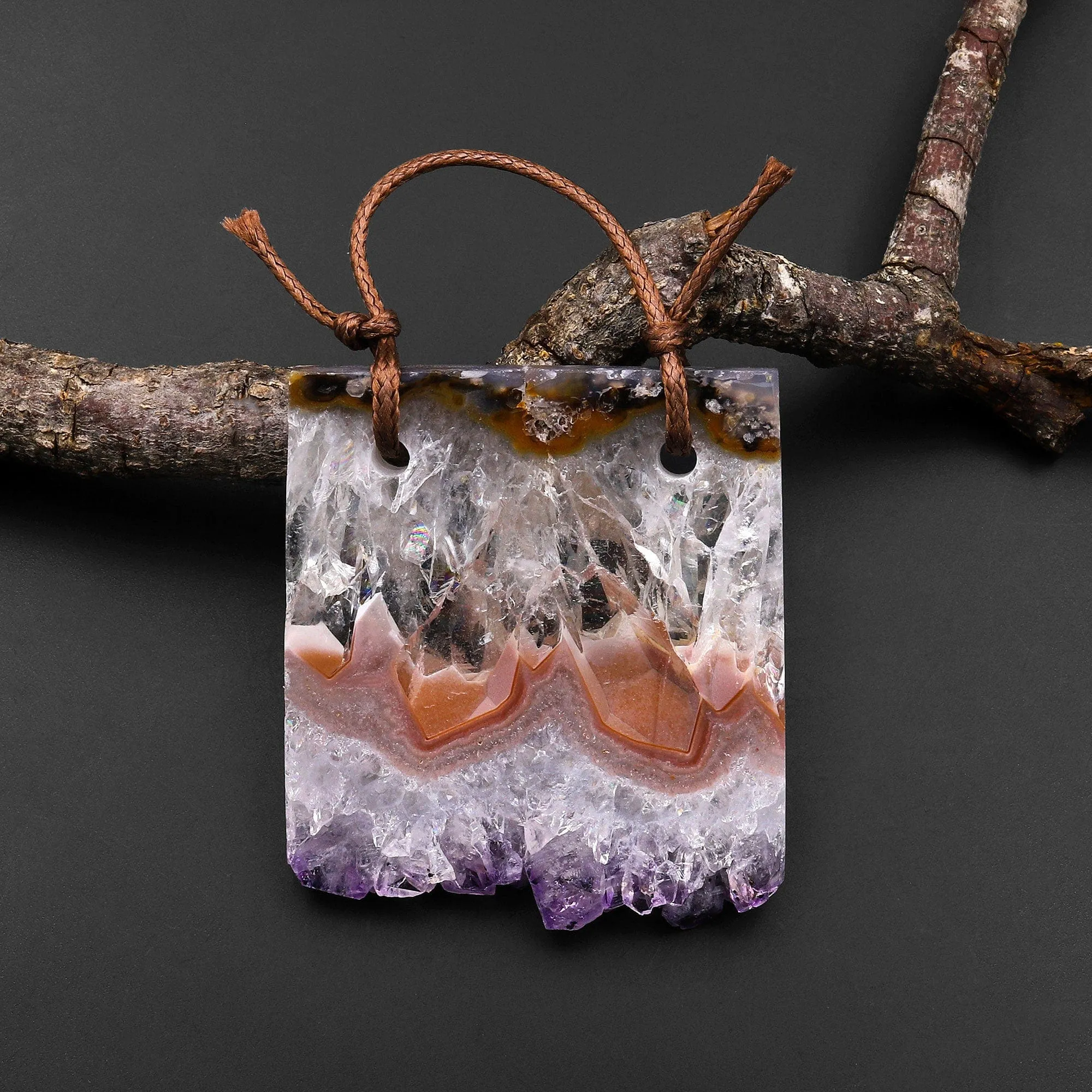 2 Hole Pendant Natural Peach Pink Purple Amethyst Stalactite Druzy Pendant Drilled Flat Slice Focal Bead