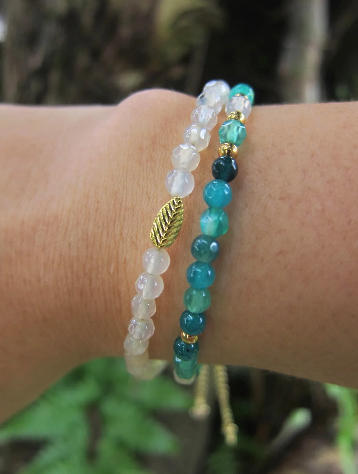 2 piece set - Dainty Green Emerald, Prehnite Bracelets