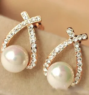 2016  Crystal Rhinestone simulated pearl Bowknot Design Girls Ear Stud Earring Earing Fashion Jewelry Women earrings  e0156