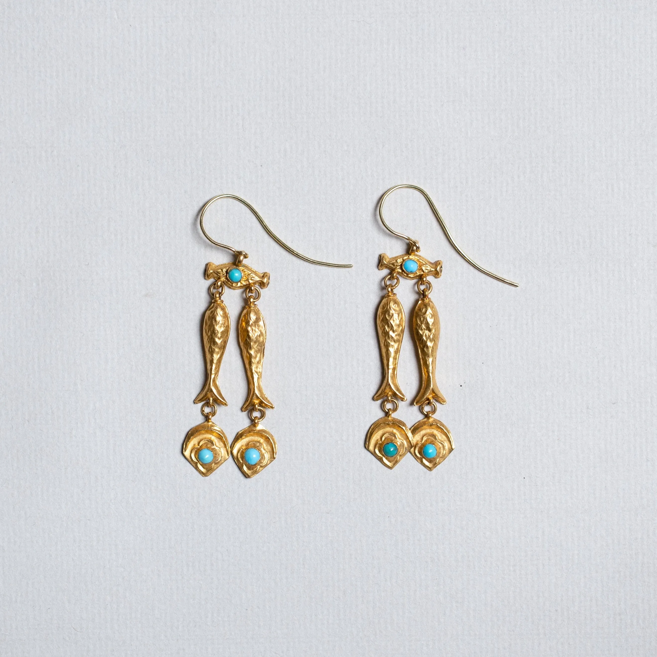 22ct Gold and Turquoise Fish Drop Earrings