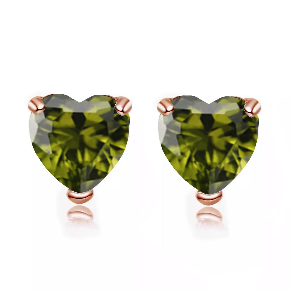 24k Rose Gold Plated 4 Carat Heart Created Peridot Stud Earrings