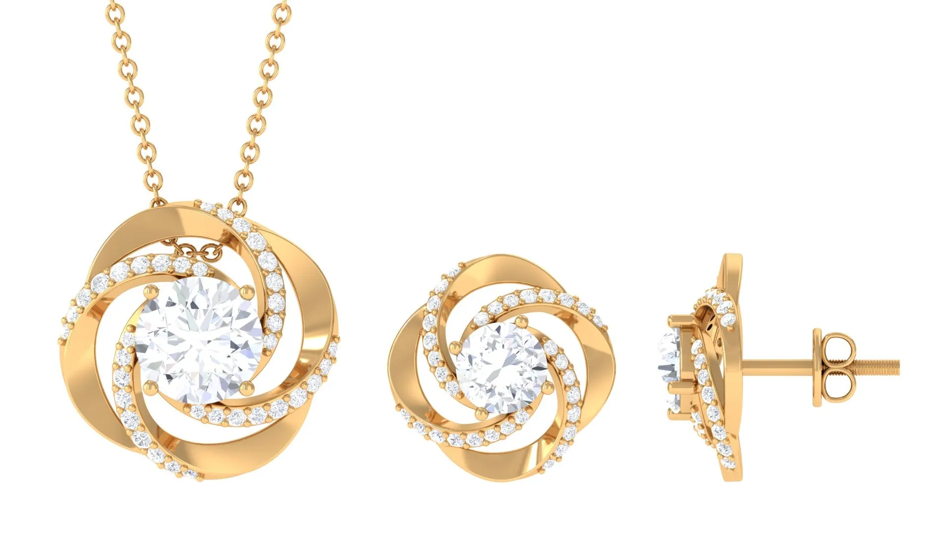 3.25 CT Certified Zircon Gold Swirl Pendant and Earrings Set