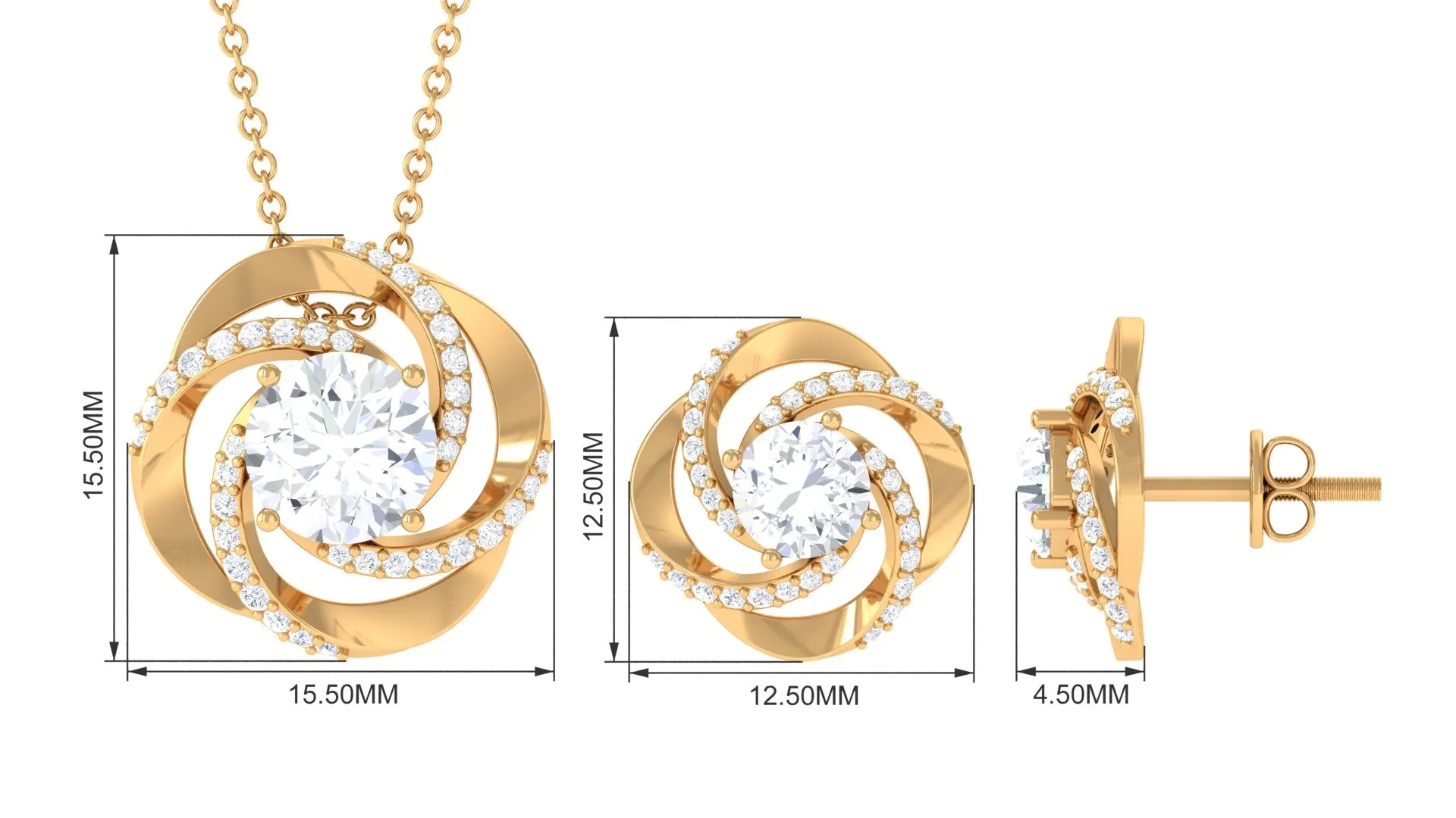 3.25 CT Certified Zircon Gold Swirl Pendant and Earrings Set