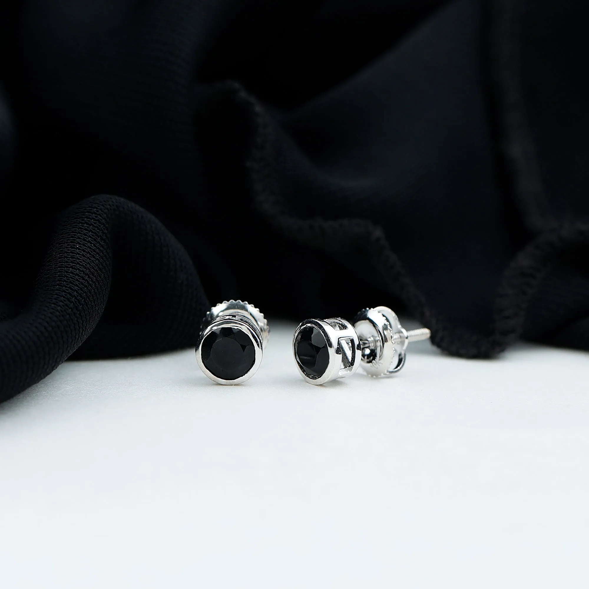 5 MM Black Onyx Solitaire Stud Earring in Bezel Setting