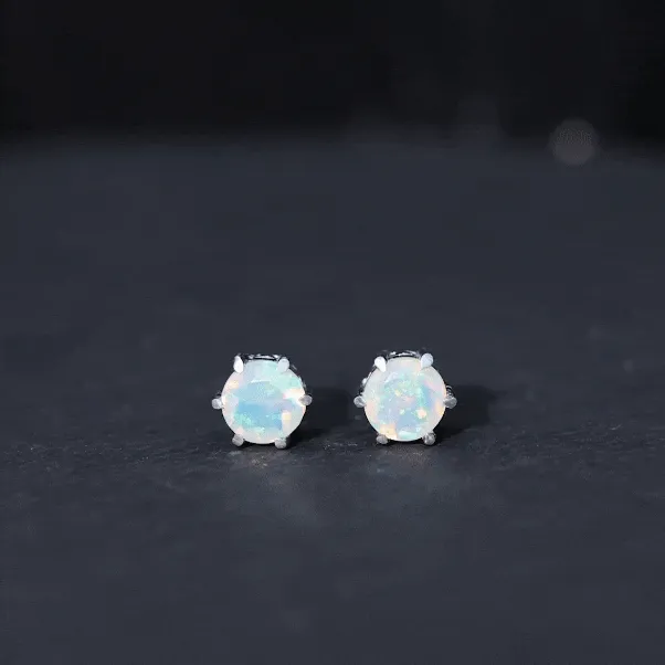 6 MM Round Ethiopian Opal Solitaire Stud Earrings in 6 Claw Prong Setting