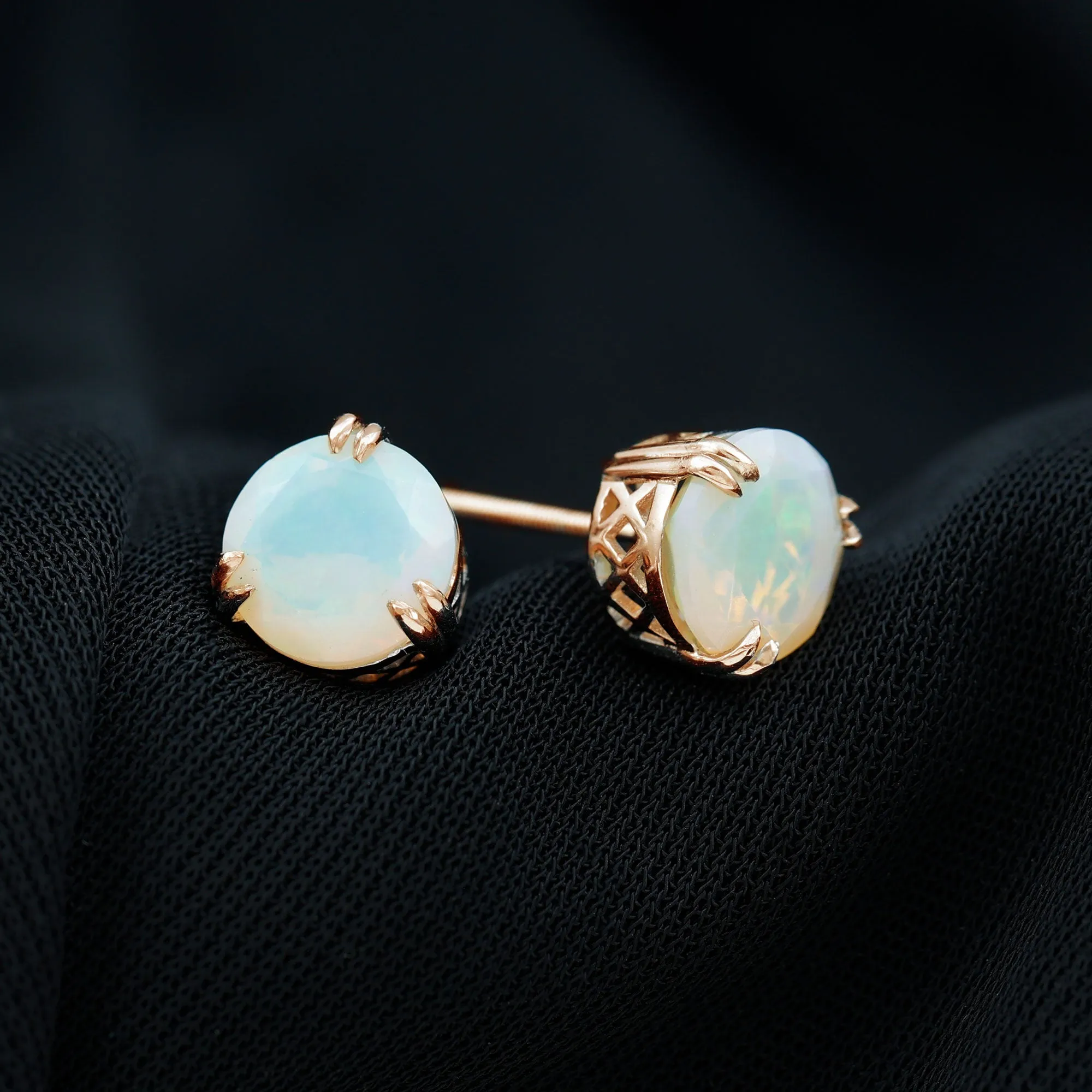 8 MM Ethiopian Opal Solitaire Stud Earrings in Double Prong Setting