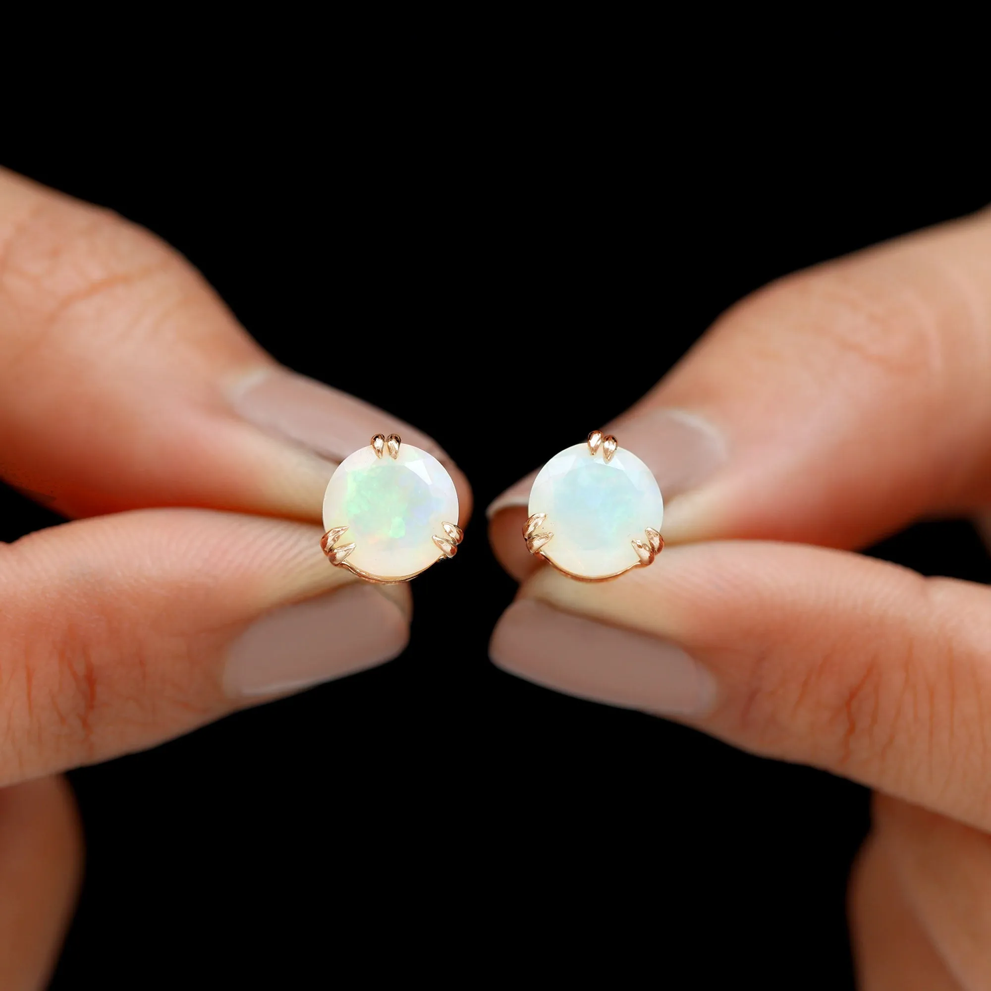 8 MM Ethiopian Opal Solitaire Stud Earrings in Double Prong Setting