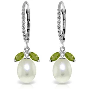 9 Carat 14K Solid White Gold Leverback Earrings Peridot Pearl