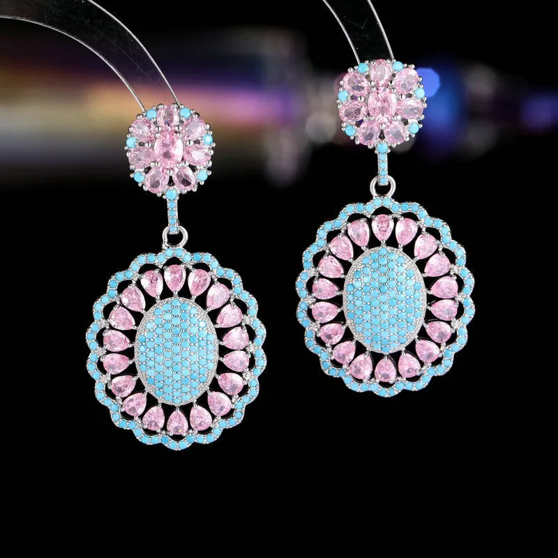 925 Silver Needles Vintage Oval Cut Out Zircon Fringed Boho Earrings