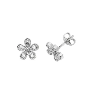 Acotis Silver Stud Earrings Flower Shaped Rhodium Plated Zirconia G51149