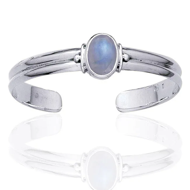 Adjustable Sterling Silver Cuff Bracelet with a Rainbow Moonstone Center Gem