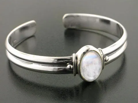 Adjustable Sterling Silver Cuff Bracelet with a Rainbow Moonstone Center Gem