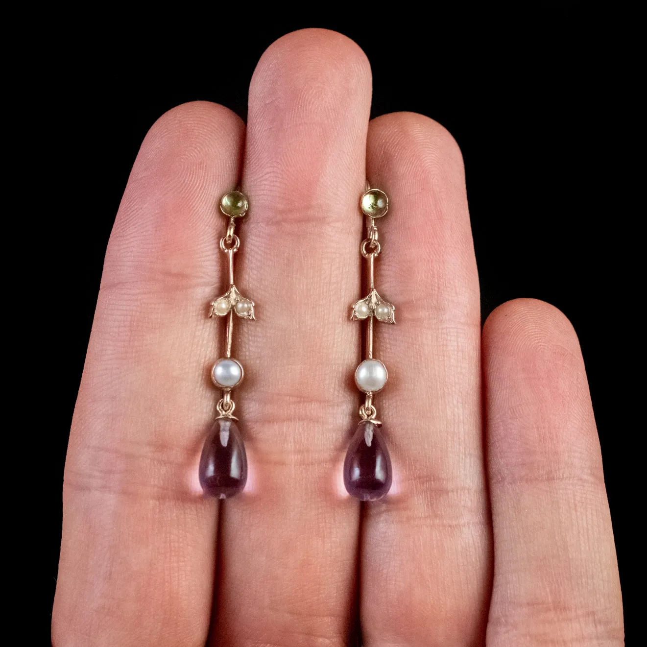 Antique Edwardian Suffragette Amethyst Drop Earrings 9Ct Gold Circa 1915