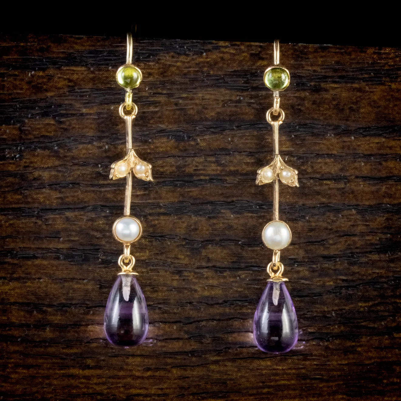 Antique Edwardian Suffragette Amethyst Drop Earrings 9Ct Gold Circa 1915