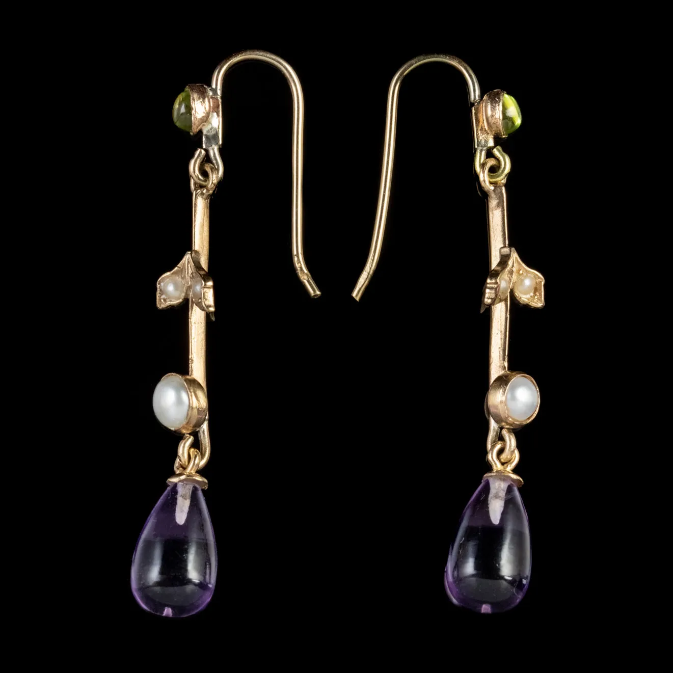 Antique Edwardian Suffragette Amethyst Drop Earrings 9Ct Gold Circa 1915