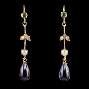 Antique Edwardian Suffragette Amethyst Drop Earrings 9Ct Gold Circa 1915