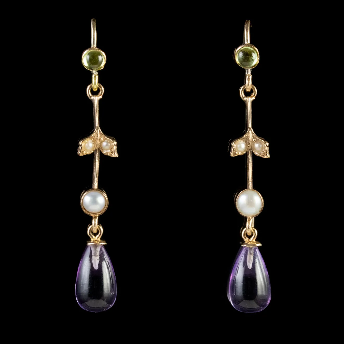 Antique Edwardian Suffragette Amethyst Drop Earrings 9Ct Gold Circa 1915