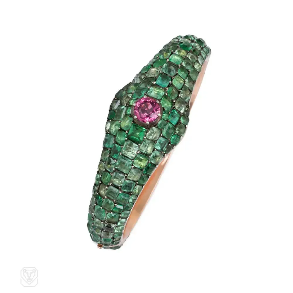 Antique pavé emerald and pink sapphire bangle