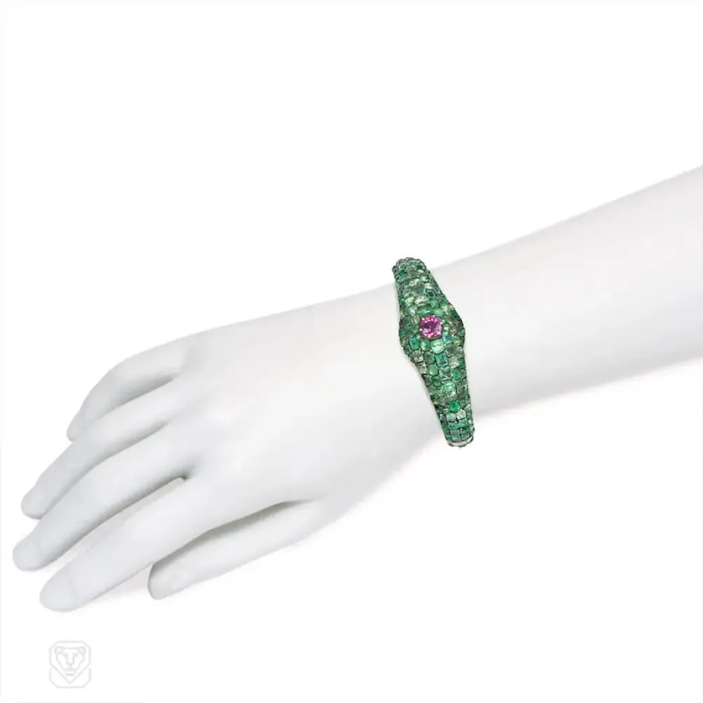 Antique pavé emerald and pink sapphire bangle