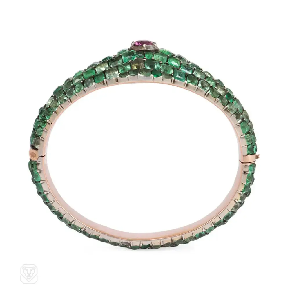 Antique pavé emerald and pink sapphire bangle