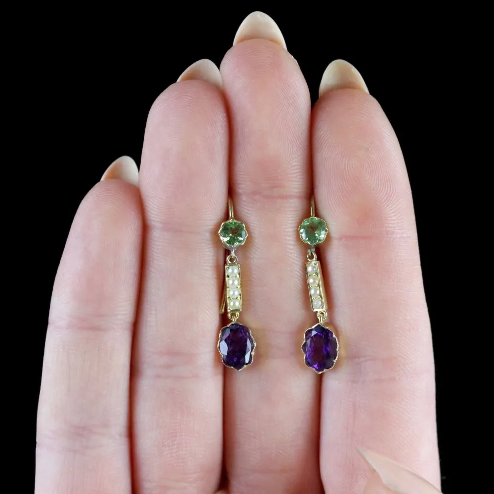 Antique Victorian Suffragette Earrings 15Ct Gold Amethyst Peridot Pearls