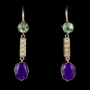 Antique Victorian Suffragette Earrings 15Ct Gold Amethyst Peridot Pearls