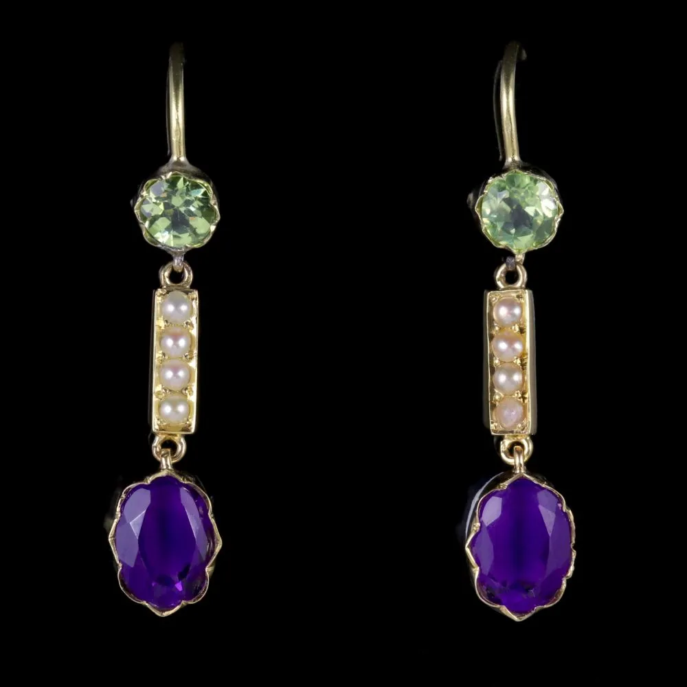 Antique Victorian Suffragette Earrings 15Ct Gold Amethyst Peridot Pearls