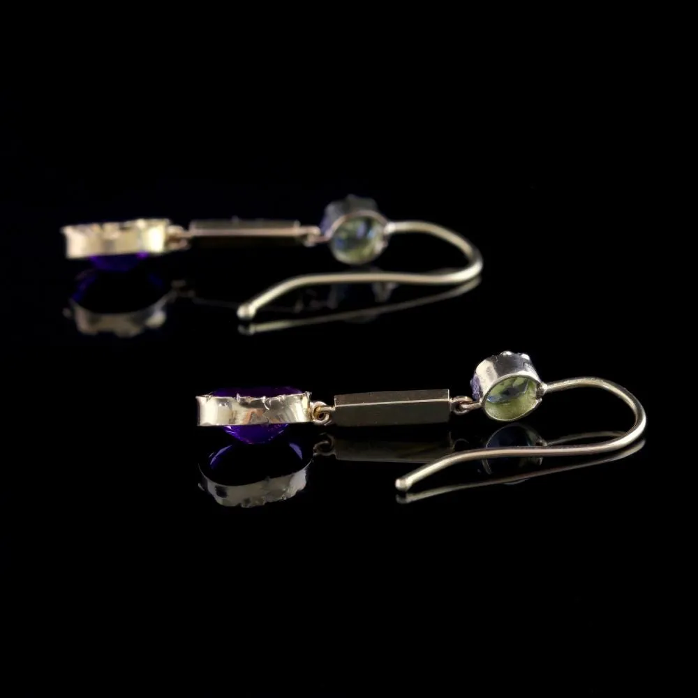 Antique Victorian Suffragette Earrings 15Ct Gold Amethyst Peridot Pearls