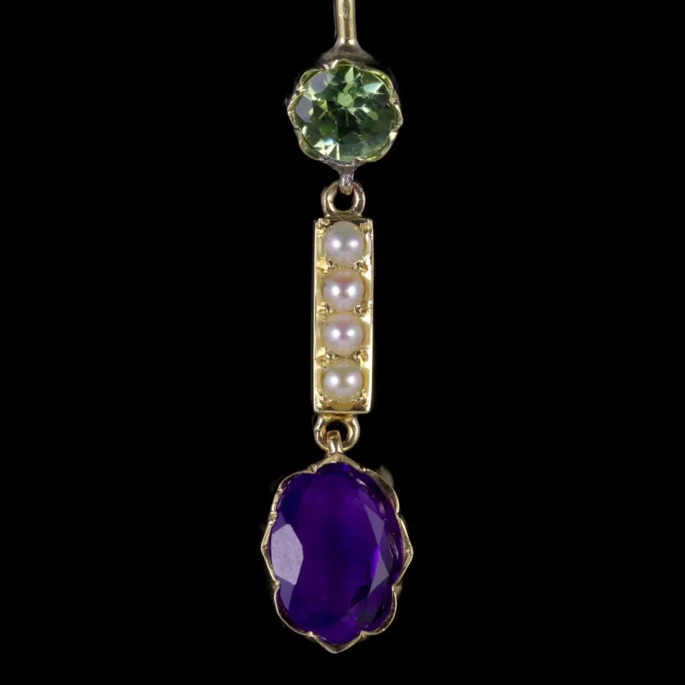 Antique Victorian Suffragette Earrings 15Ct Gold Amethyst Peridot Pearls