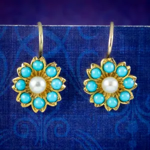 Antique Victorian Turquoise Pearl Flower Earrings Circa 1880